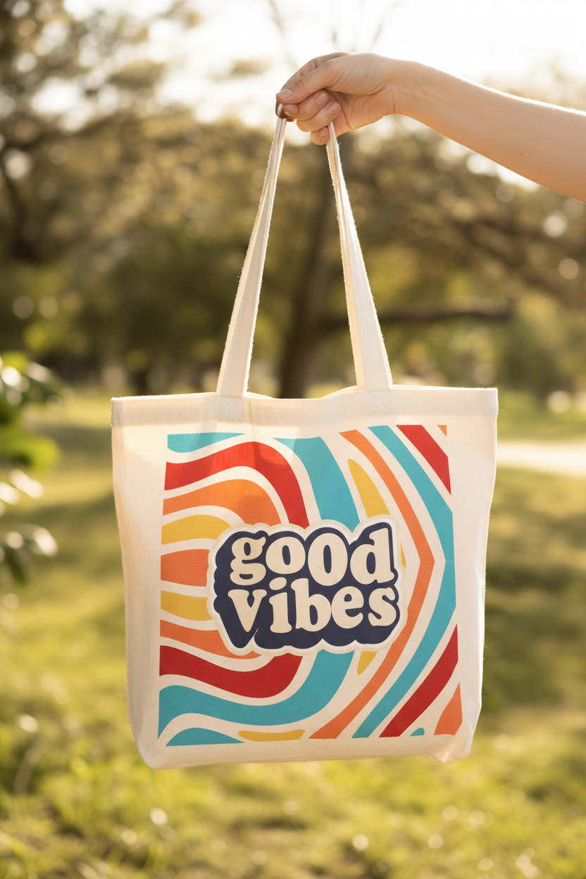 White canvas tote bag with 'good vibes' retro graphic hanging from a hand