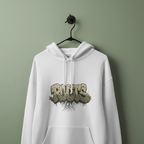 White graphic hoodie on hanger with hood and Roots text chest print