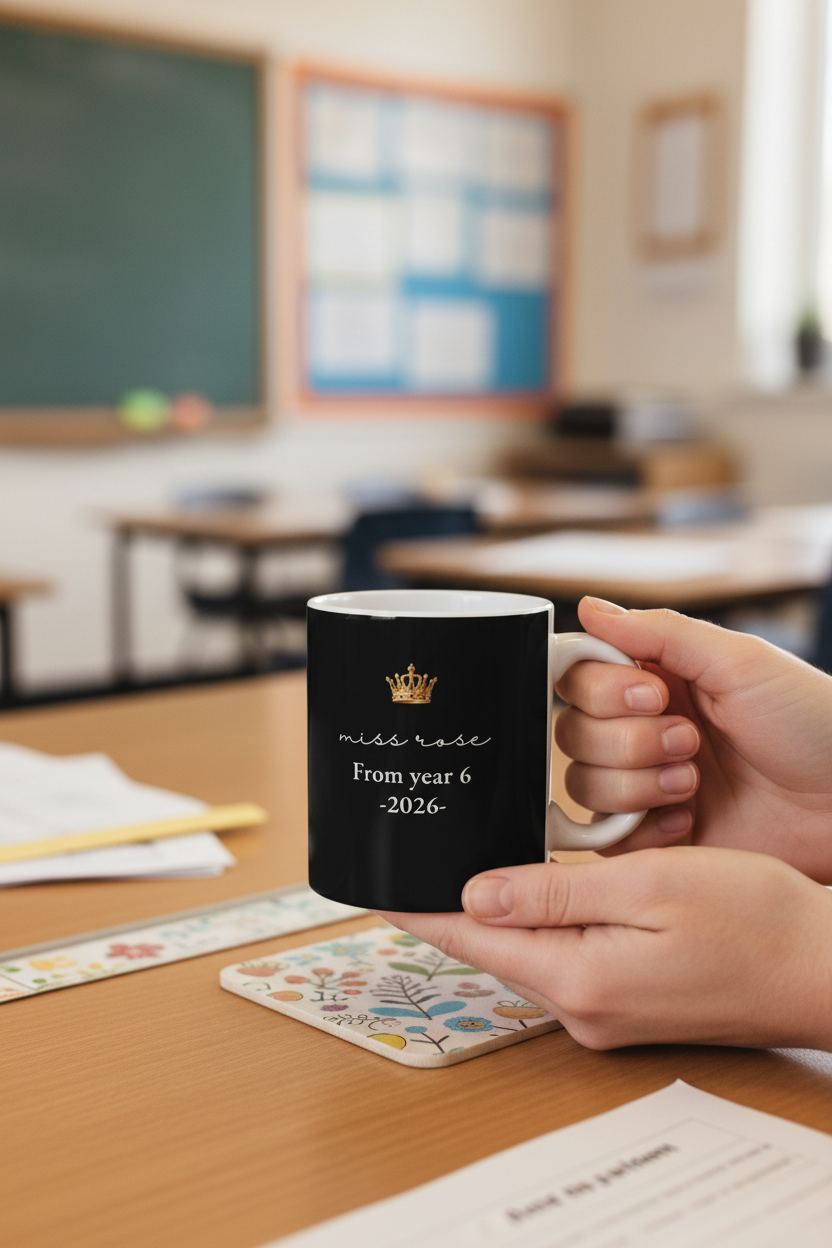 Black mug in hand with “Miss Rose From year 6 -2026-” personalized text
