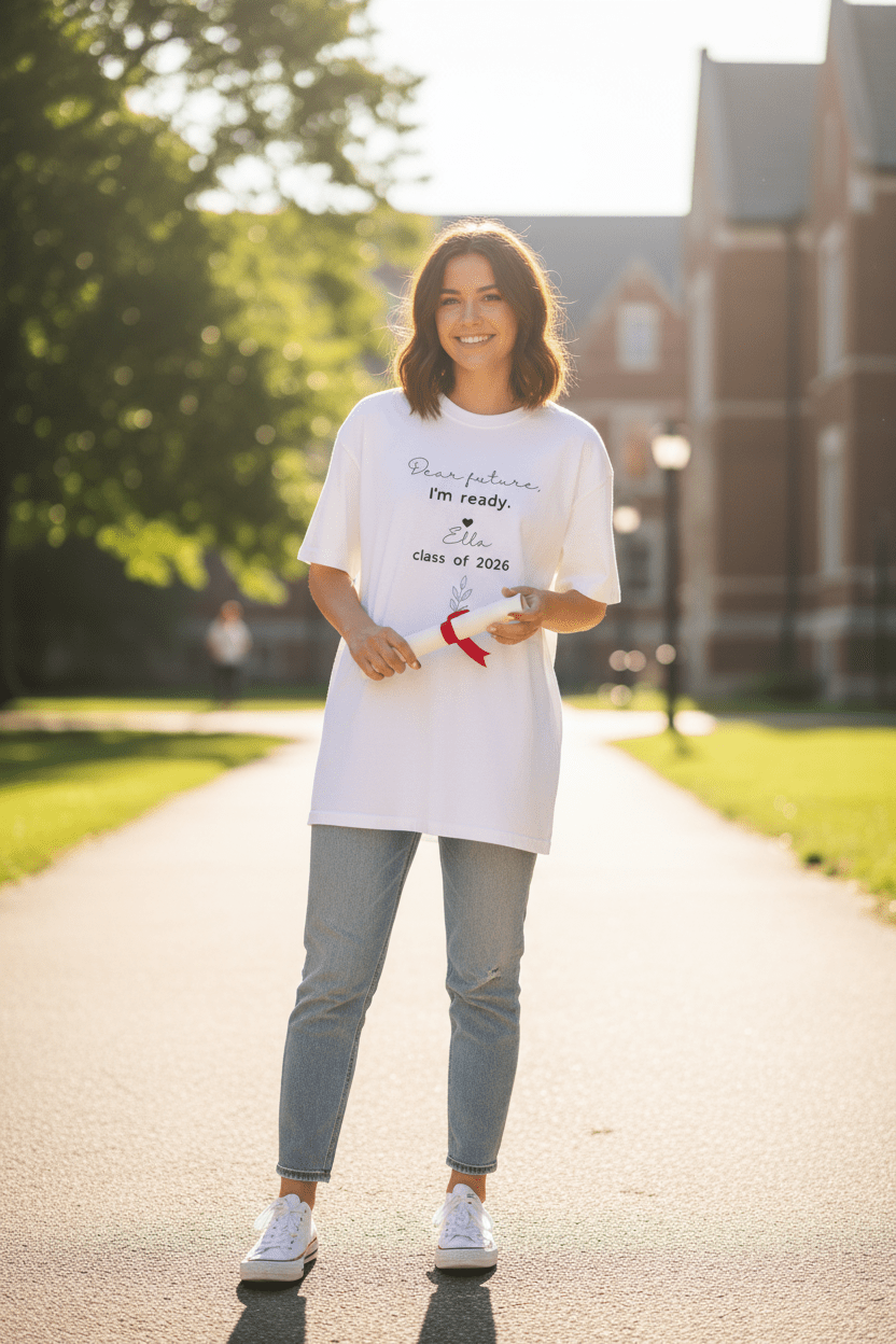 White graduation T-shirt with "Dear future, I'm ready" and "Class of 2026" print