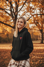 Black personalised embroidered hoodie with heart patch on chest