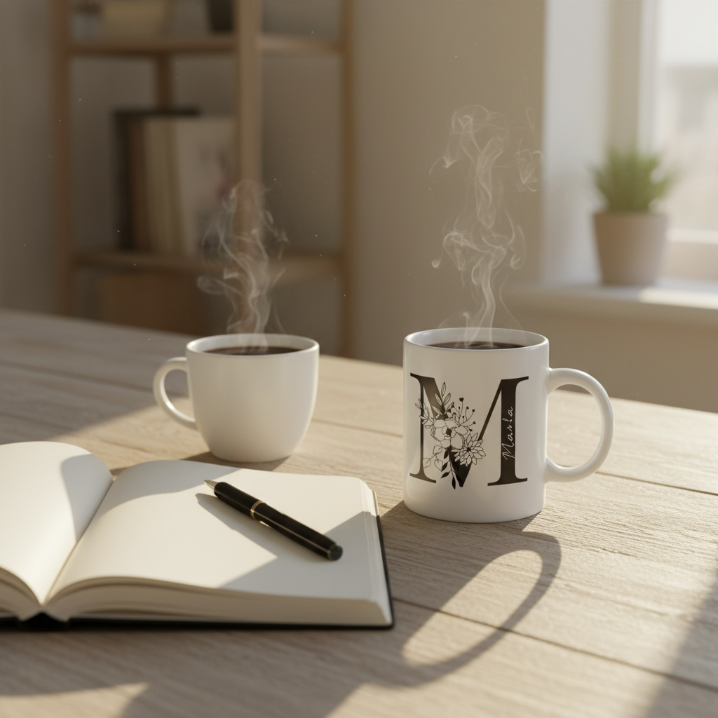 Personalised name mugs set of two with black monogram and floral designs