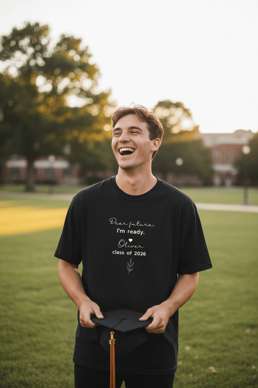 Black graduation T-shirt with 'Dear future, I'm ready' and class of 2026 chest print