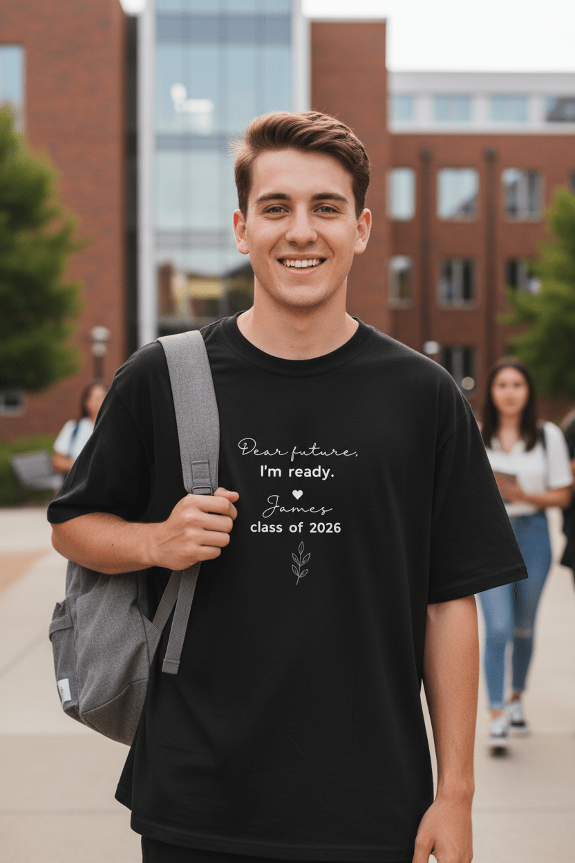 Black graduation T-shirt with 'Dear future, I'm ready' and class of 2026 on front
