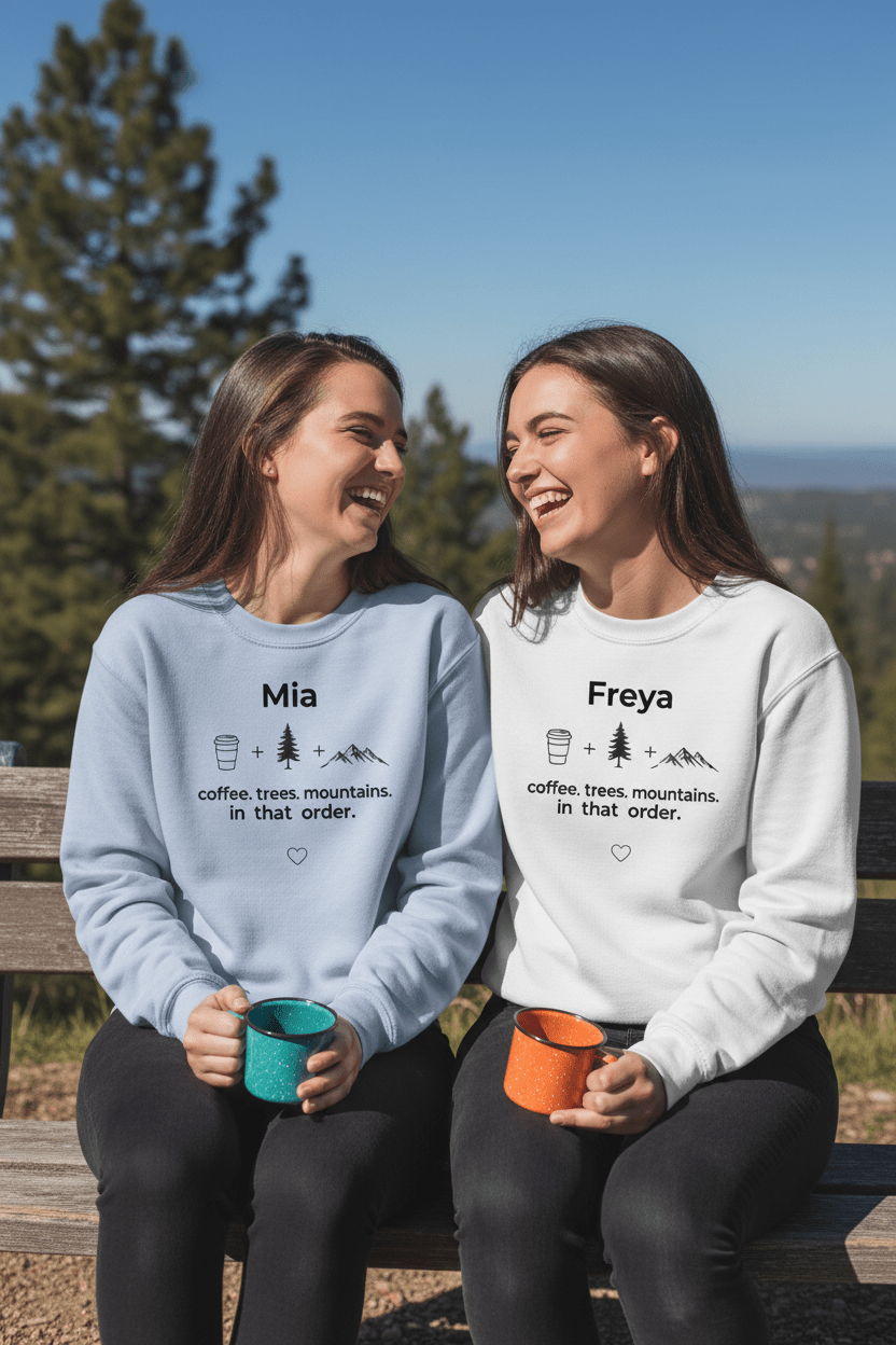 Two crewneck sweatshirts: light blue Mia and white Freya with coffee, trees, mountains