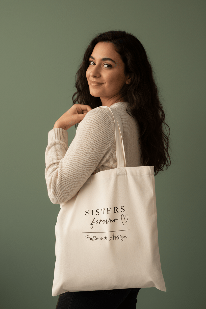 Cream canvas tote bag with printed “SISTERS forever” design on front