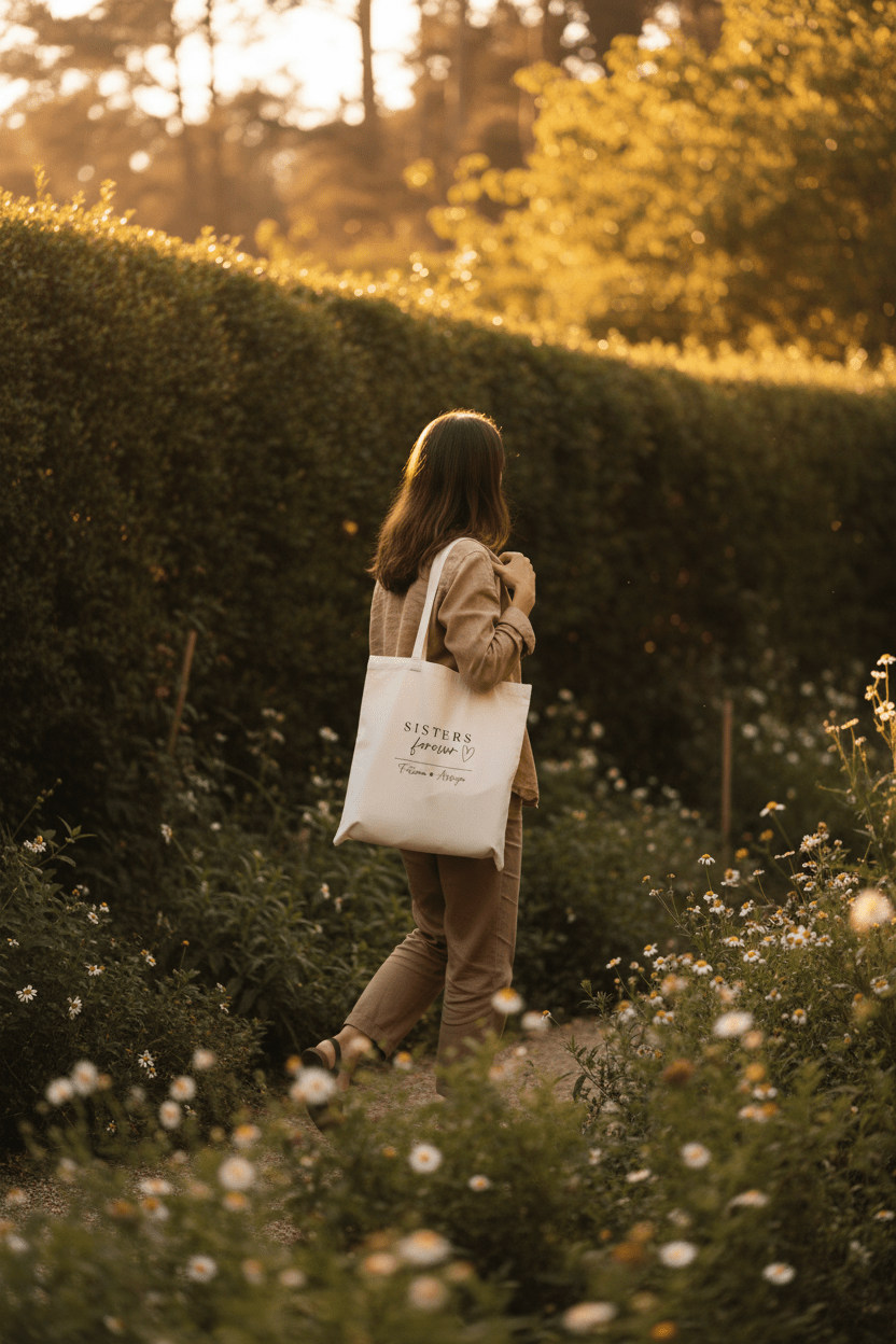 White tote bag worn on back, with “SISTERS forever” printed on front
