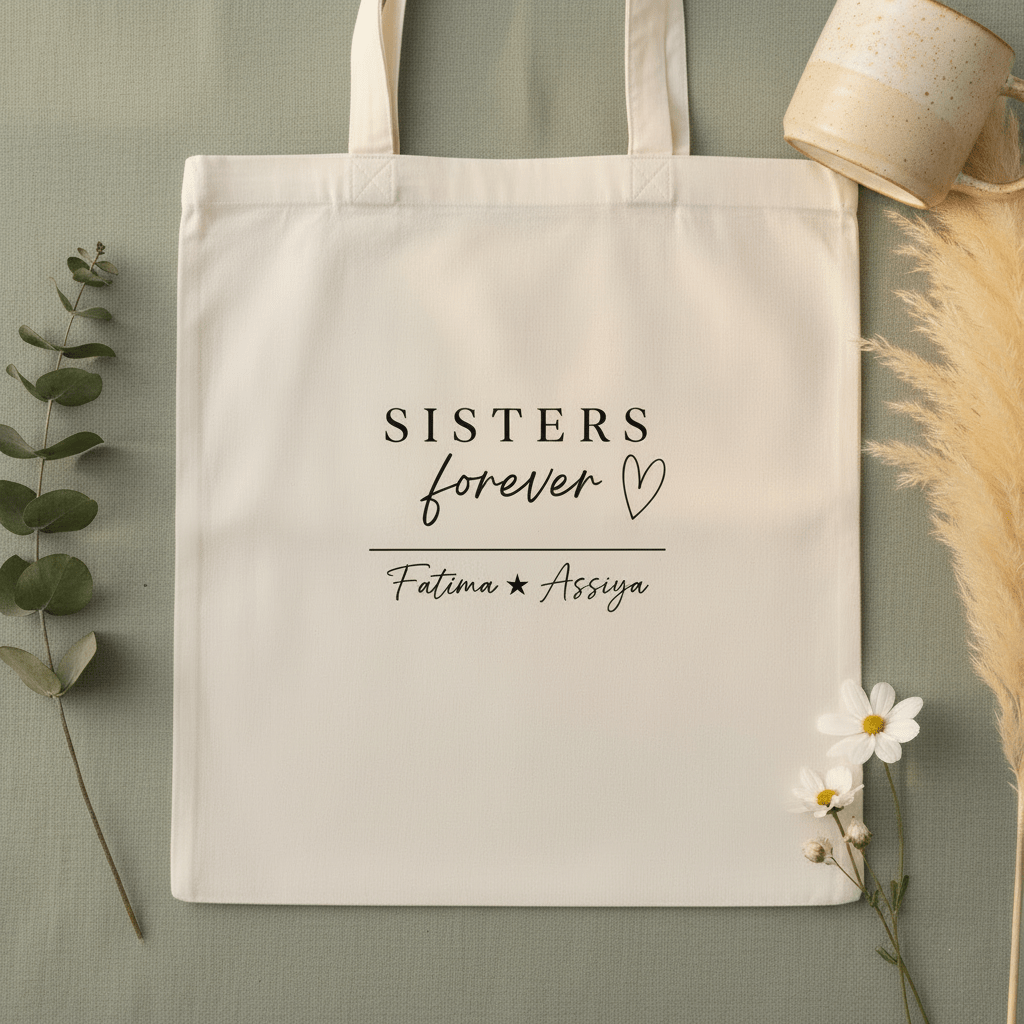 White cotton tote bag with centered “SISTERS forever” script and names