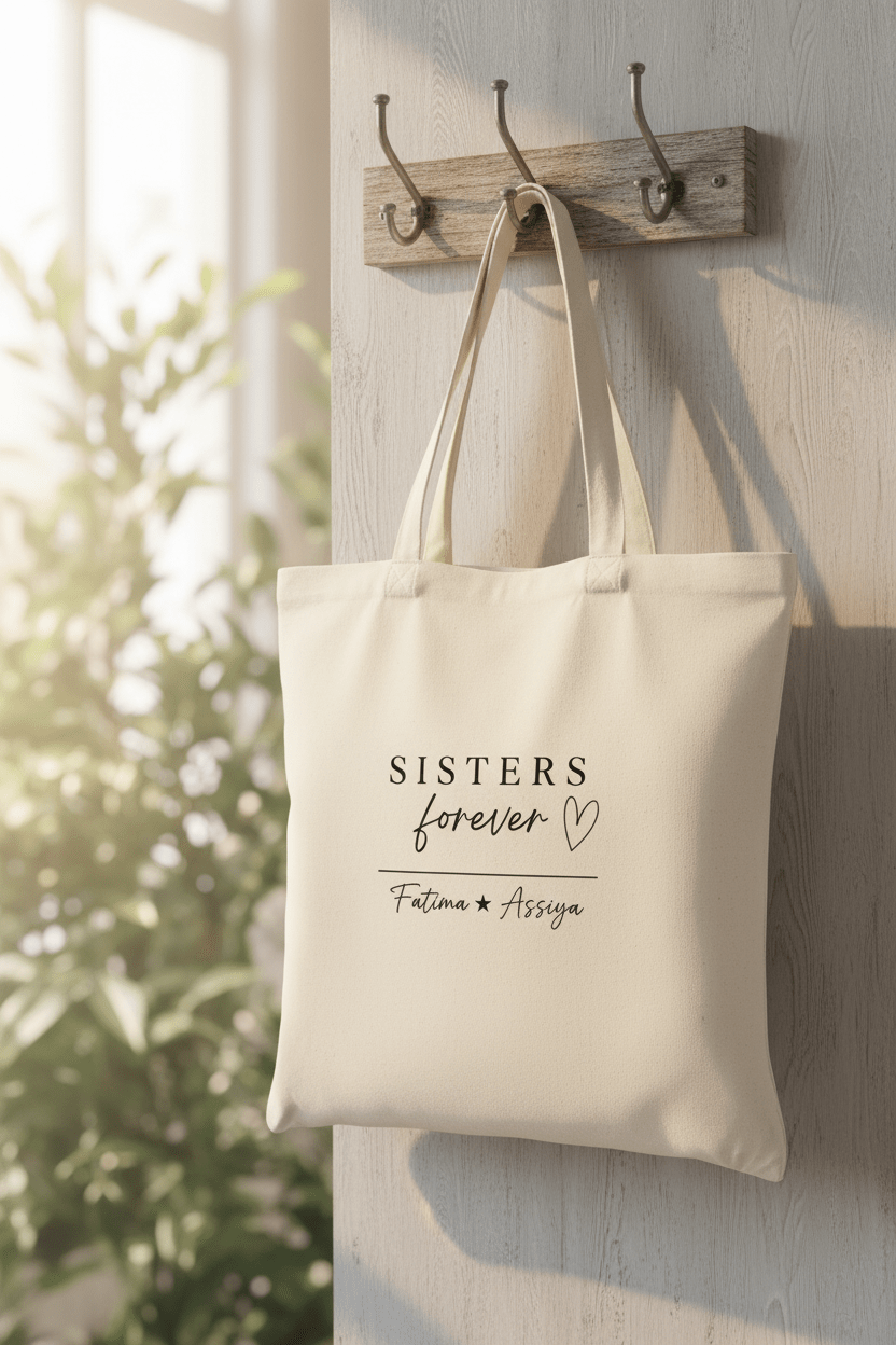 Cream canvas tote bag hanging on wall hook, front shows “SISTERS forever”