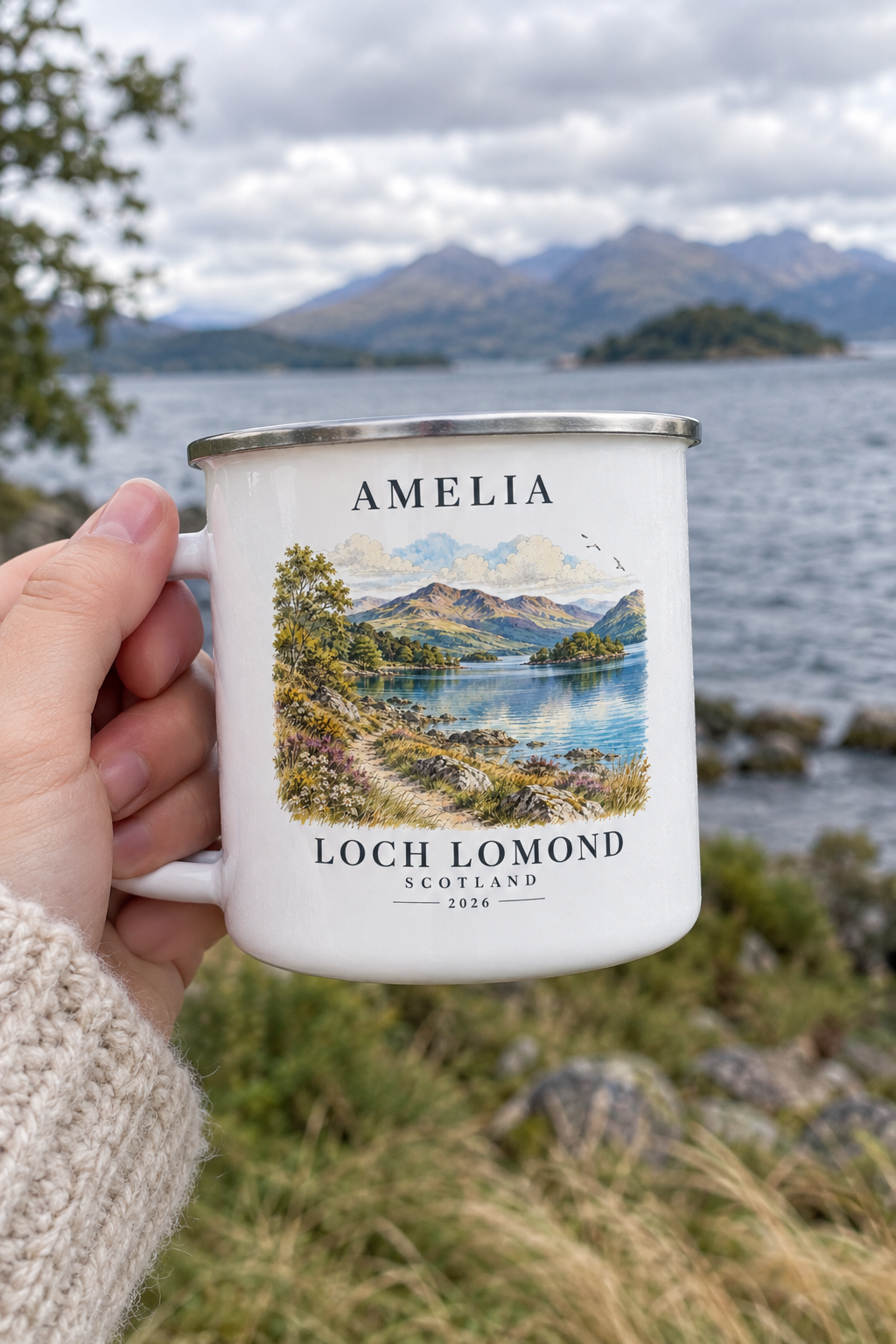 UGC mockup - Amelia, close-up loch backdrop