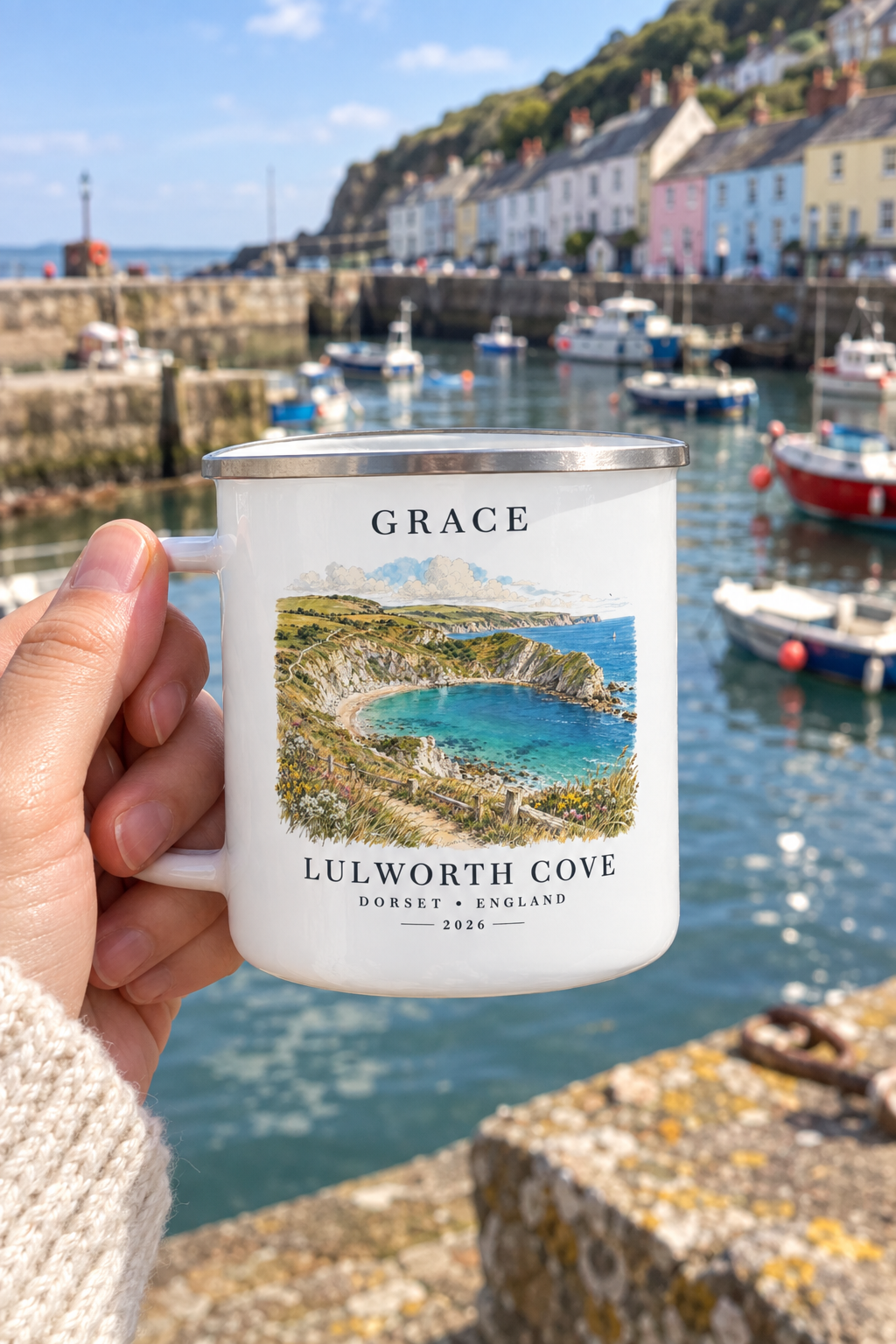 White enamel camping mug with silver rim, 'GRACE' name and Lulworth Cove landscape print