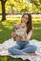 UGC mockup of the Isla notebook held on a picnic blanket