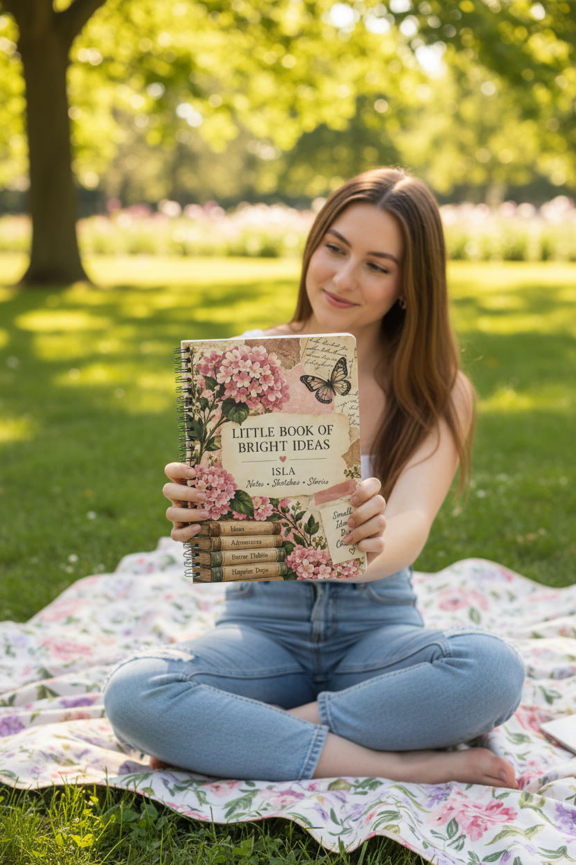 UGC mockup of the Isla notebook held on a picnic blanket