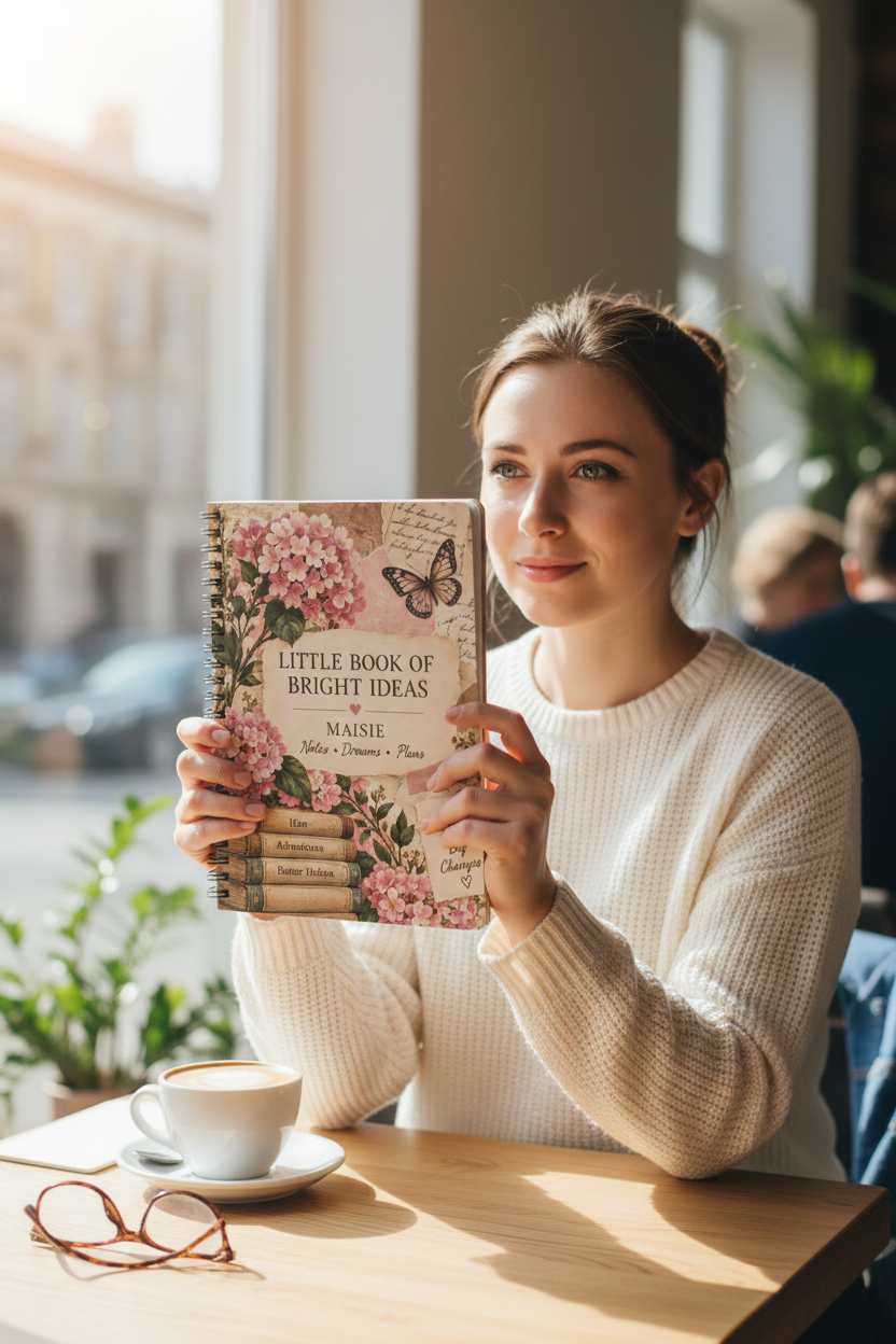 UGC mockup of the Maisie notebook held at a cafe table