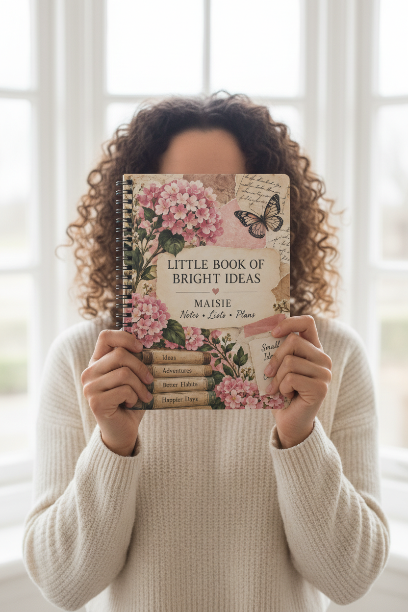 UGC mockup of the Maisie notebook held up in a cream jumper