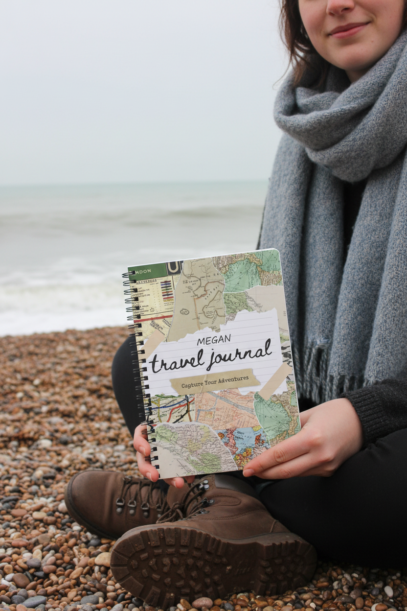 UGC mockup of the Megan travel journal on a pebble beach