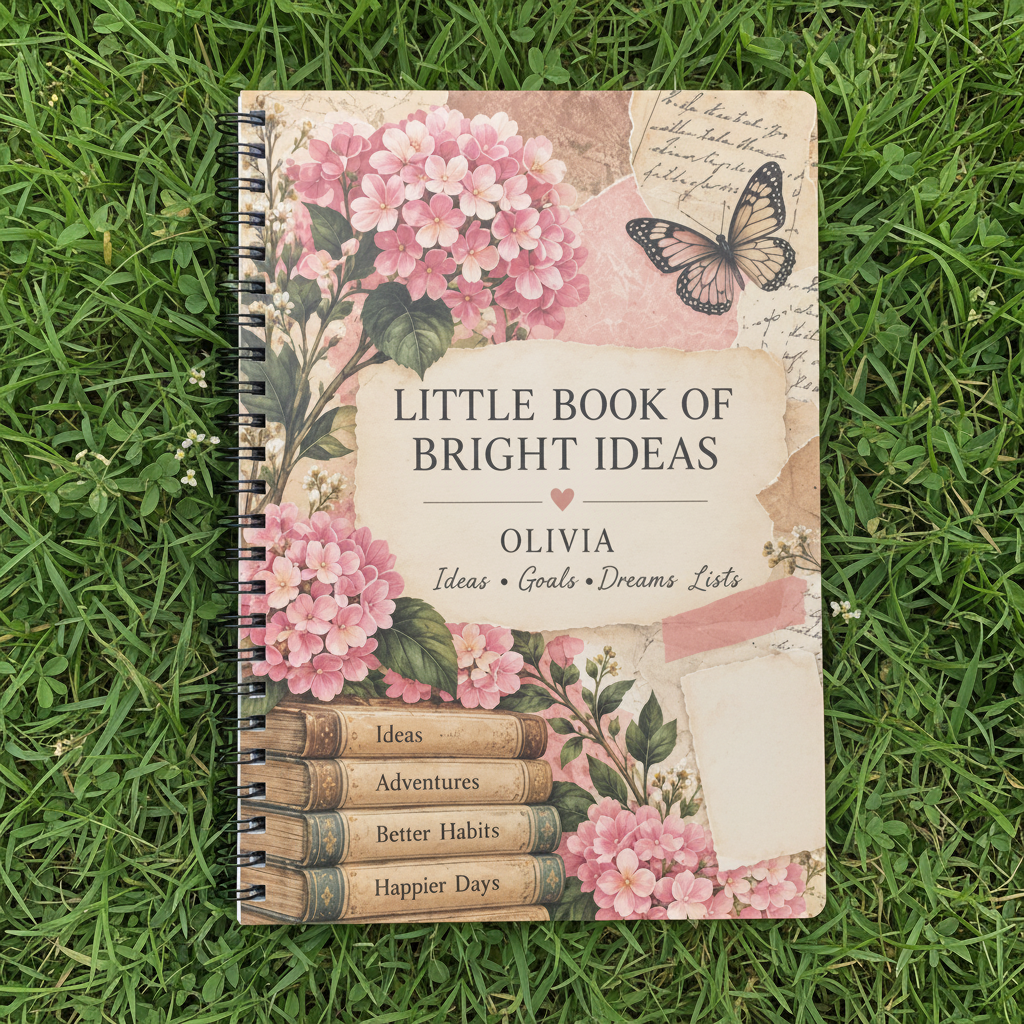 UGC mockup of the Olivia notebook lying on grass, zoomed in