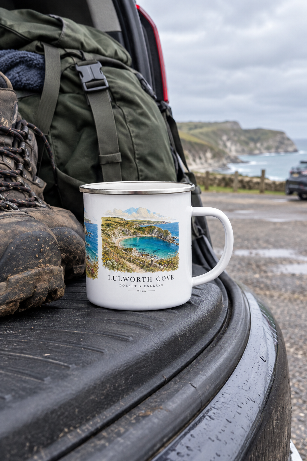 White enamel camping mug with Lulworth Cove coast print, silver rim and handle