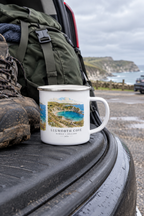 White enamel camping mug with Lulworth Cove coast print, silver rim and handle