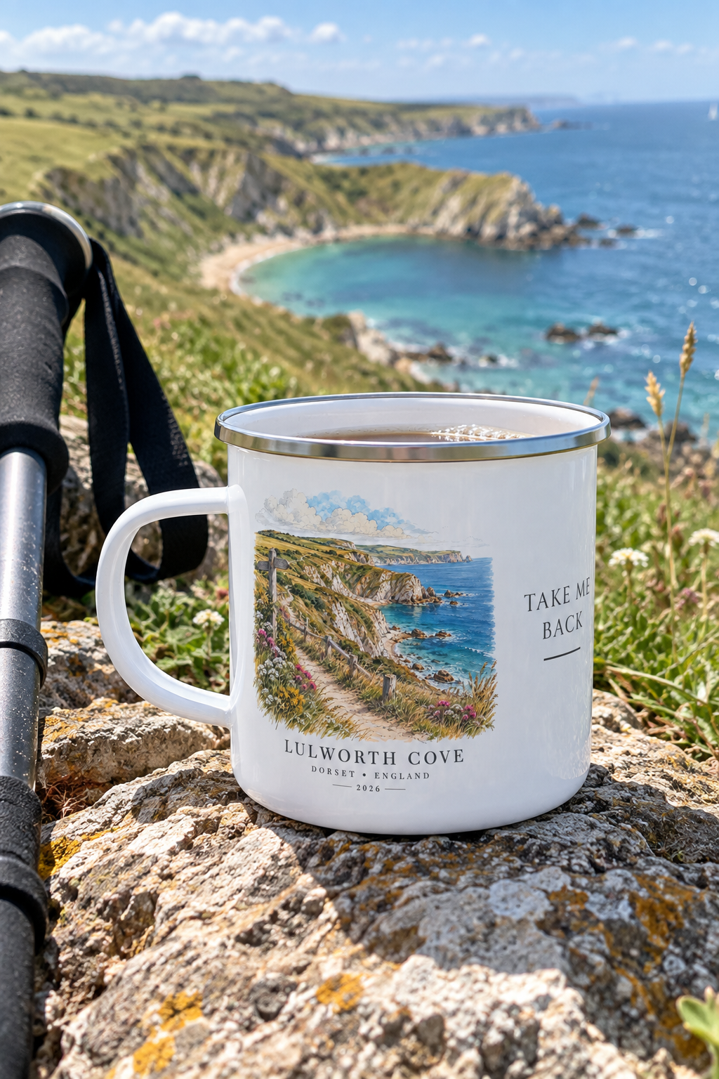 White enamel camping mug with coast print and 'Take me back' quote, silver rim