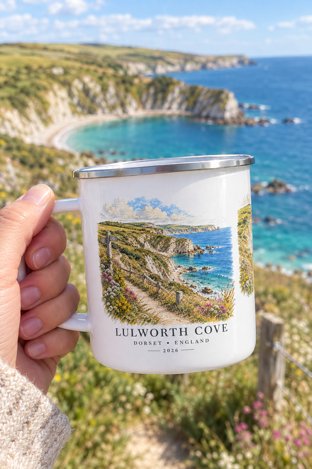 White enamel camping mug with Lulworth Cove coast print, silver rim
