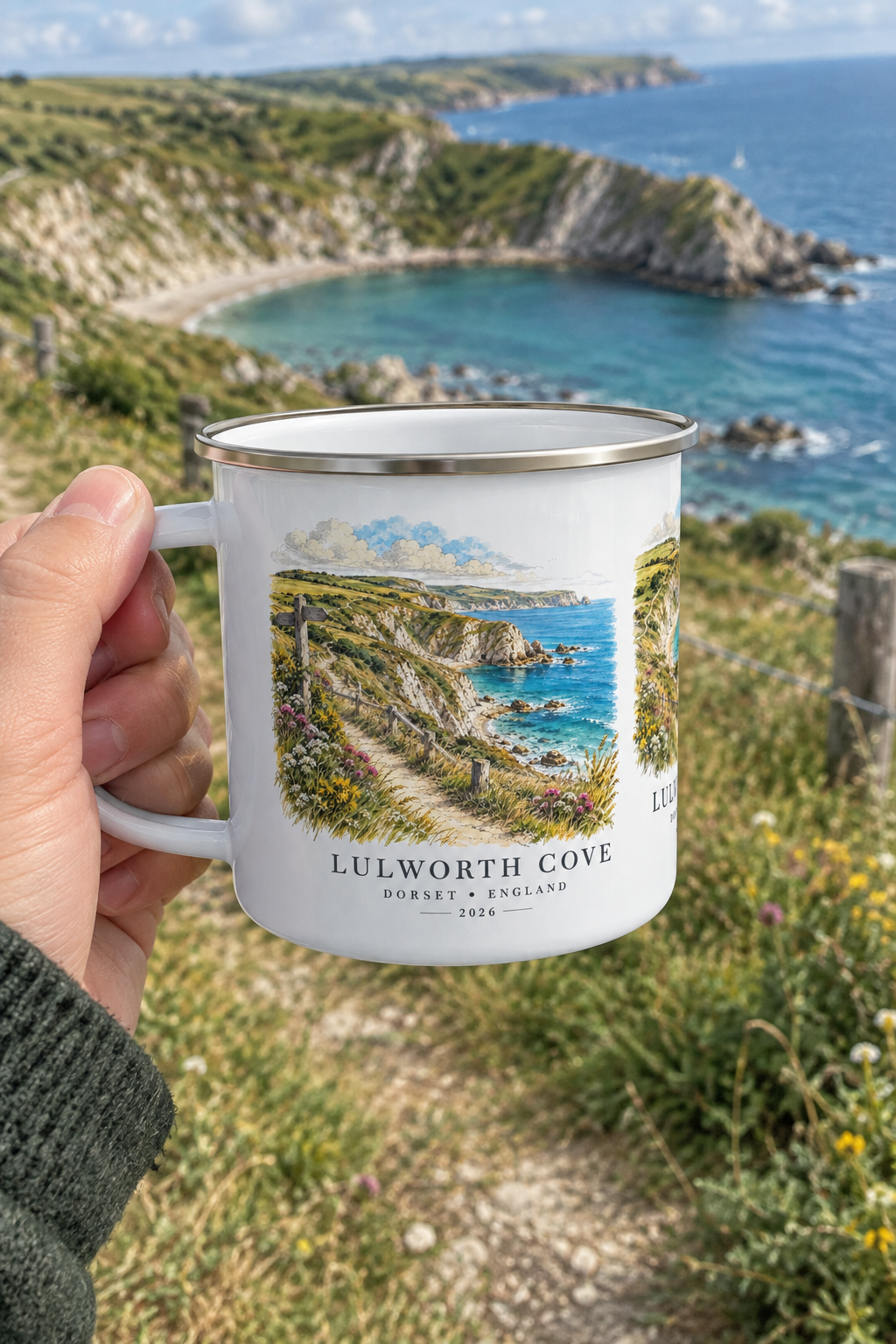 White enamel camping mug with Lulworth Cove coast print, silver rim and handle