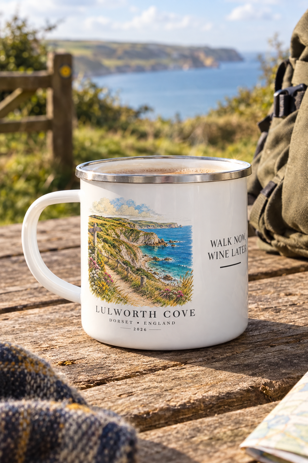White enamel camping mug with coast print and 'Walk now, wine later' text, silver rim