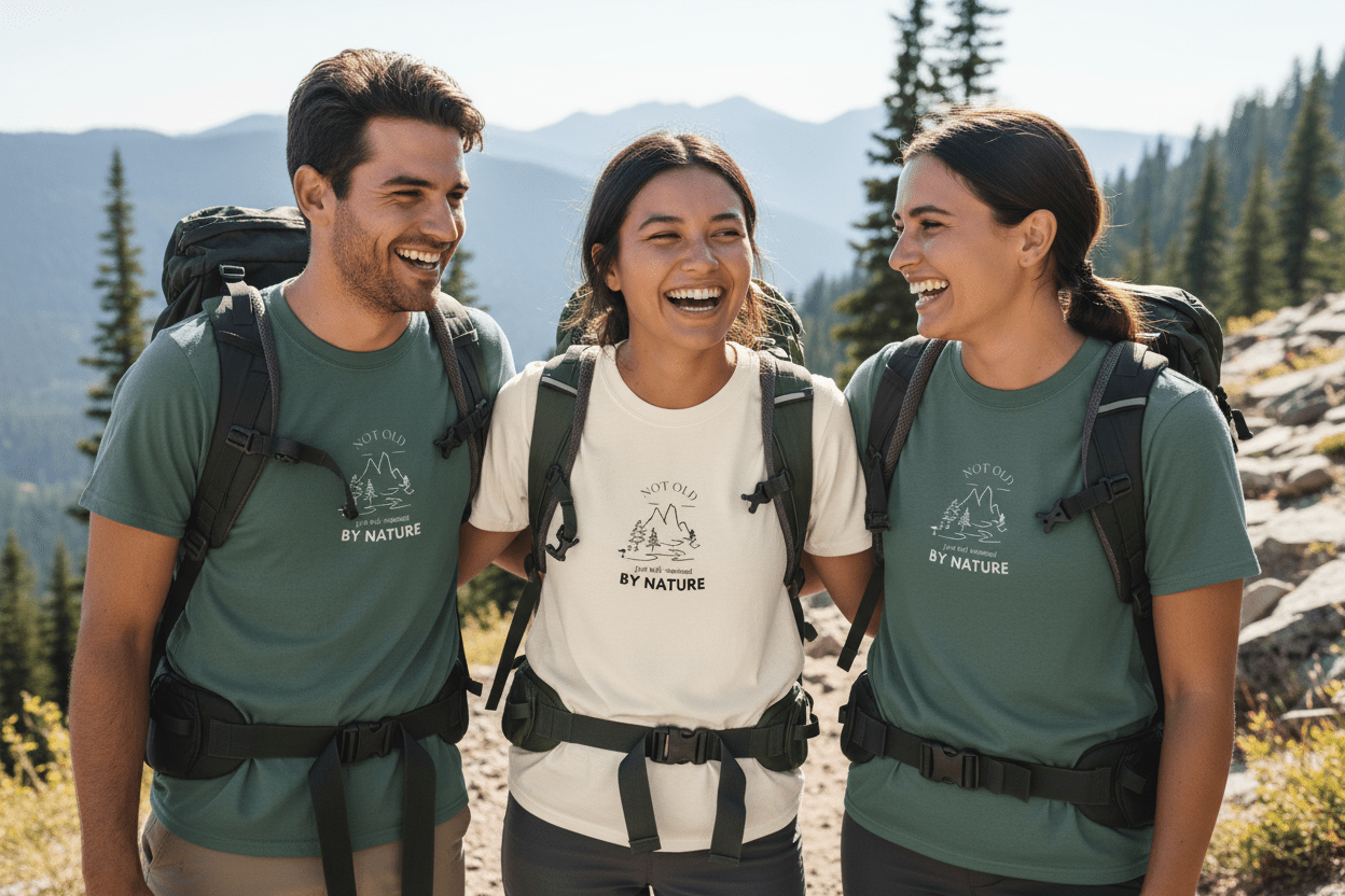 Crewneck nature graphic T-shirts: teal green, white, and teal green