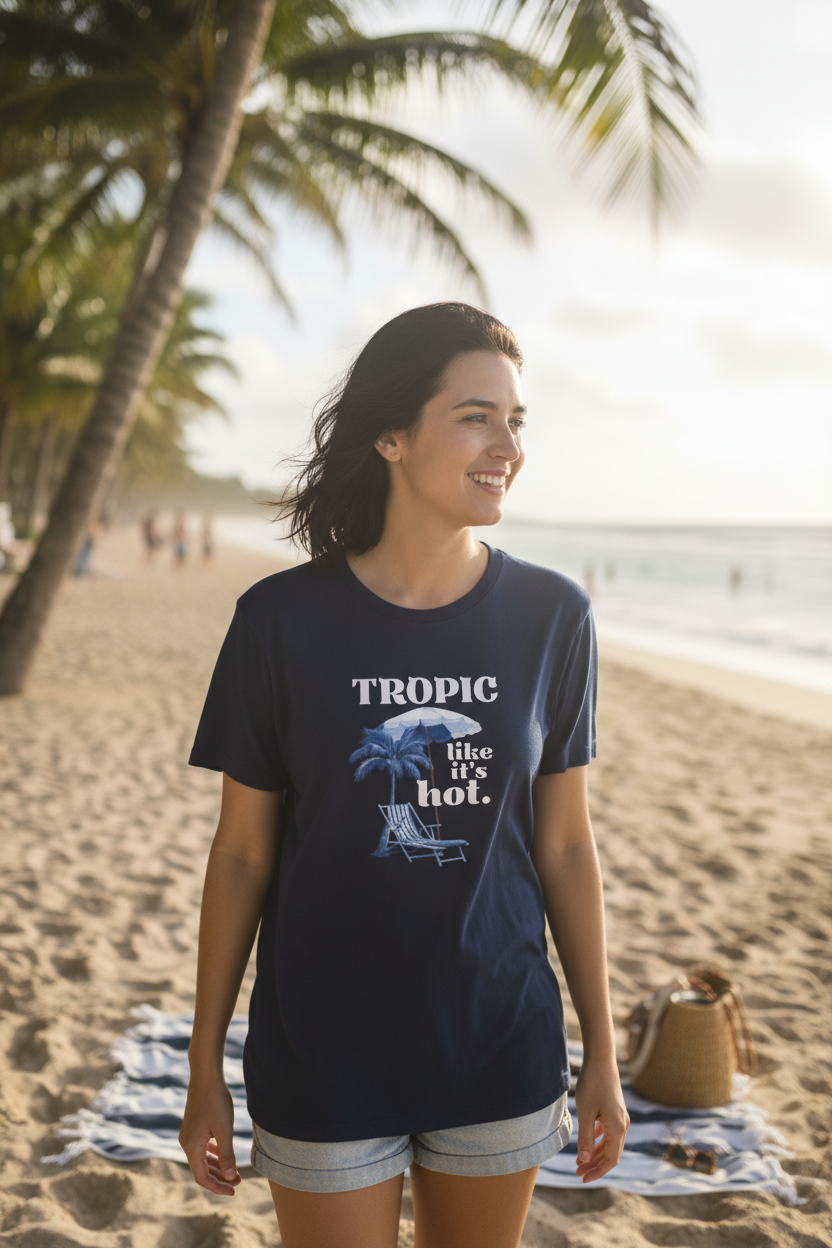 Dark navy T-shirt with “Tropic like it’s hot.” tropical print and palm tree graphic