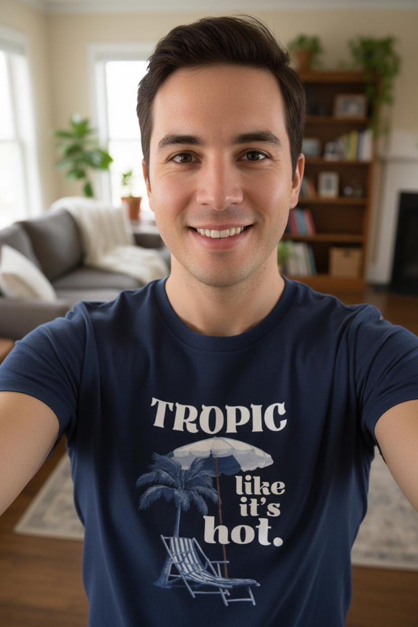 Navy T-shirt with “Tropic like it’s hot.” tropical front print and palm tree