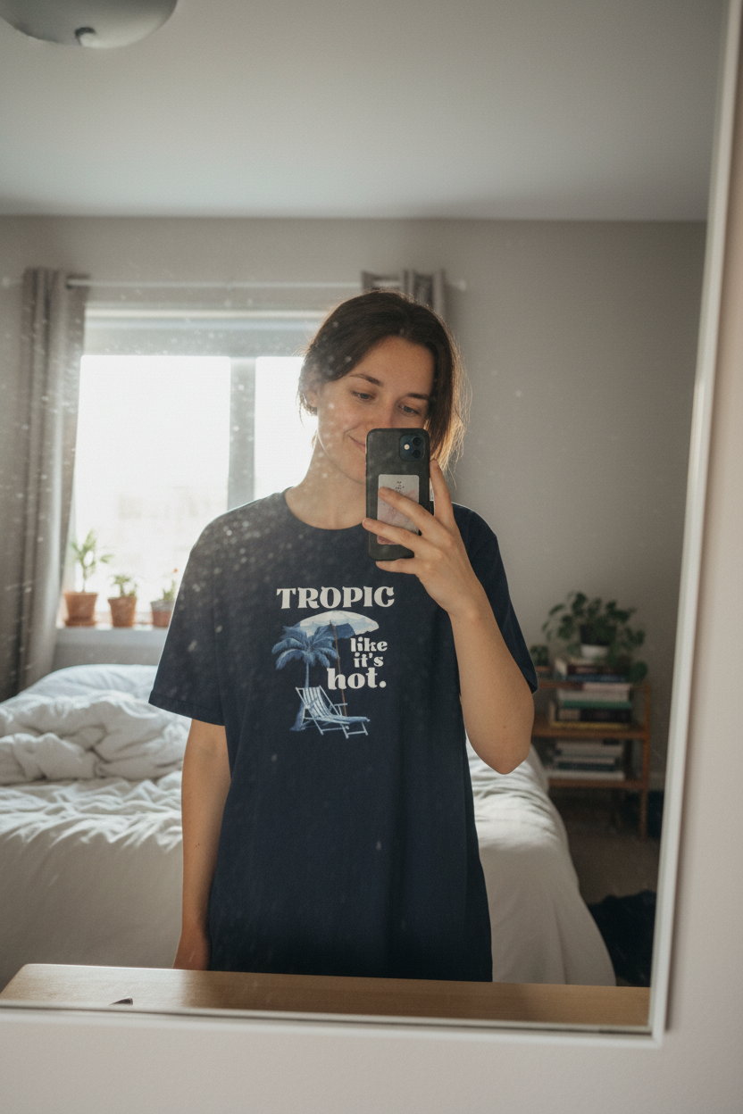 Dark navy T-shirt with “Tropic like it’s hot.” front graphic and palm chair artwork