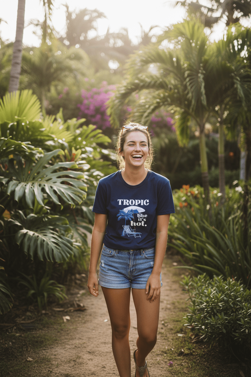 Navy crew-neck T-shirt with 'Tropic like it's hot' palm chair graphic on model