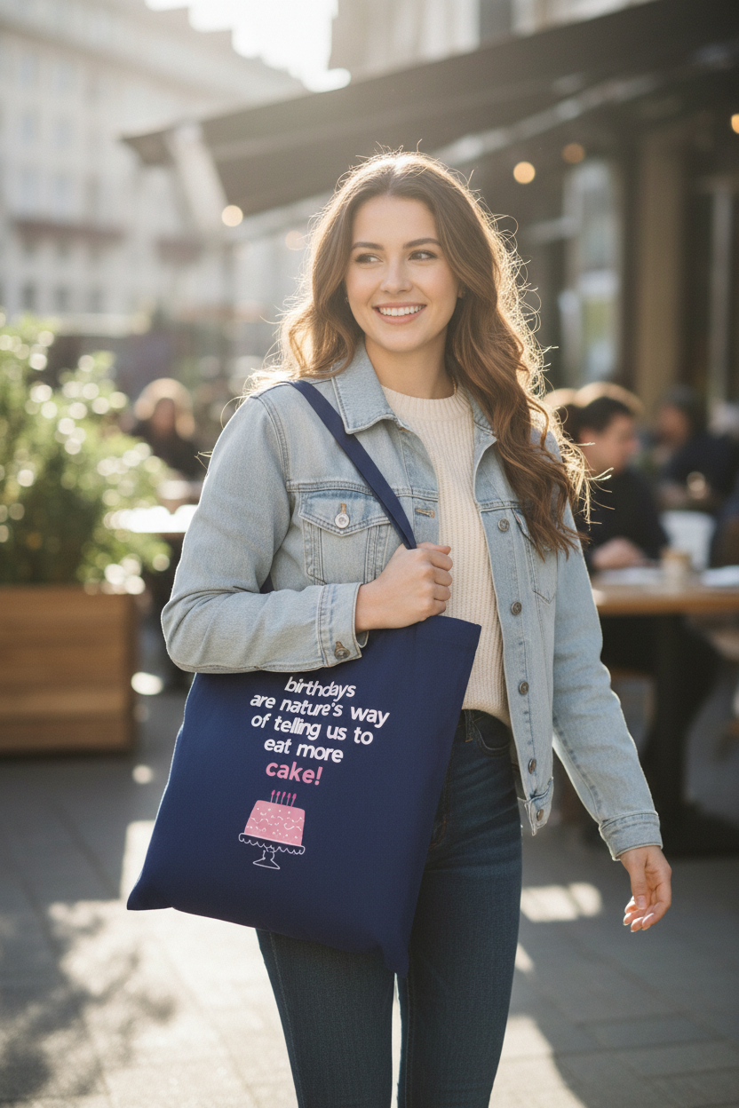 Navy tote bag with birthday cake graphic and text, two fabric handles