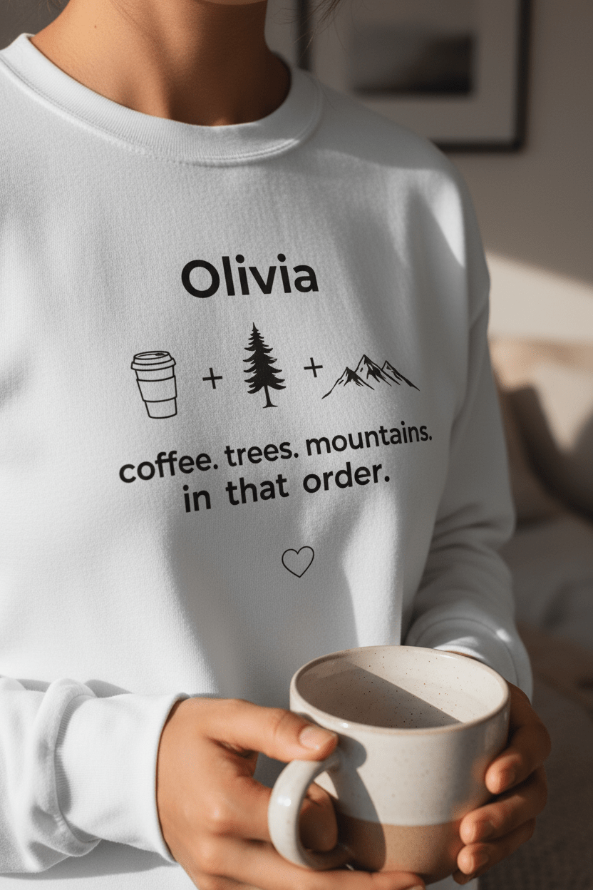 Close-up of white personalized sweatshirt with name Olivia and coffee, trees, mountains