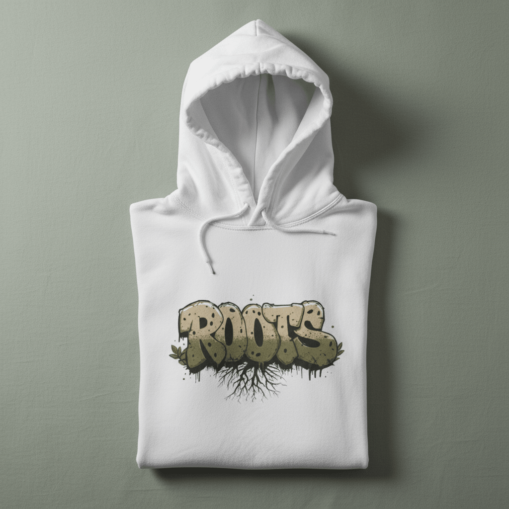 White graphic hoodie with hood and kangaroo pocket, Roots text chest print
