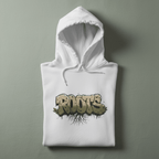 White graphic hoodie with hood and kangaroo pocket, Roots text chest print