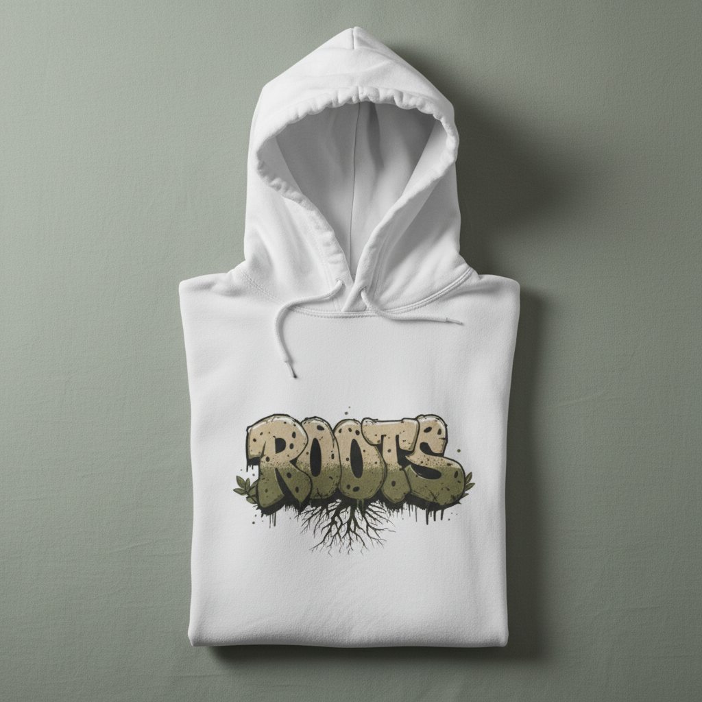 White graphic hoodie with hood and kangaroo pocket, Roots text chest print
