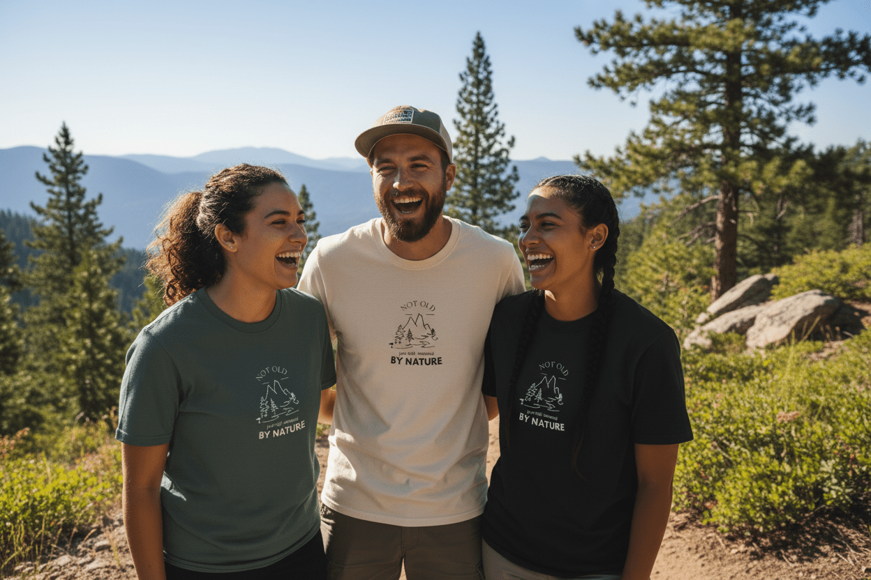Dark green and black T-shirts with 'BY NATURE' mountain graphics on three people