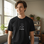 Nature graphic T-shirt in black with mountain and tree logo on the chest, crew neck