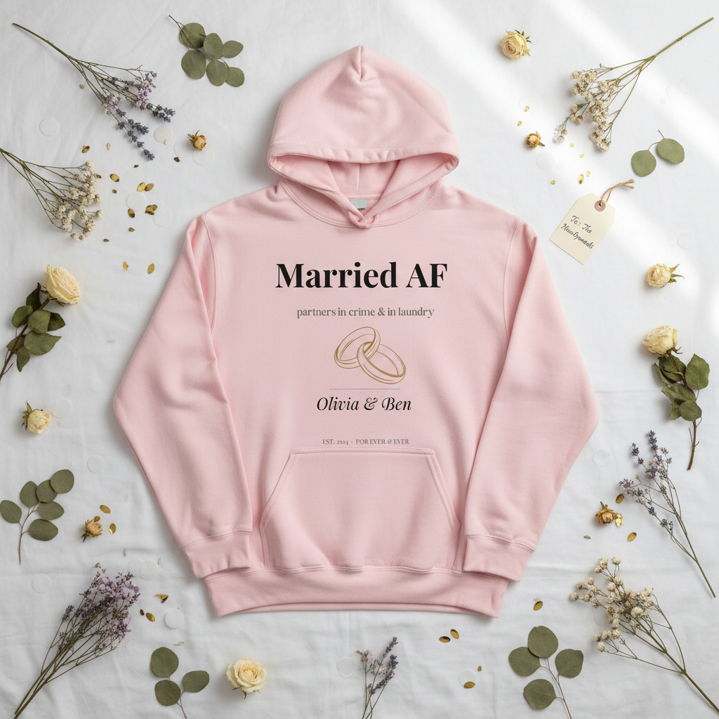 Pink couples hoodie with front pocket and 'Married AF' print and wedding names