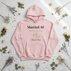 Pink couples hoodie with front pocket and 'Married AF' print and wedding names