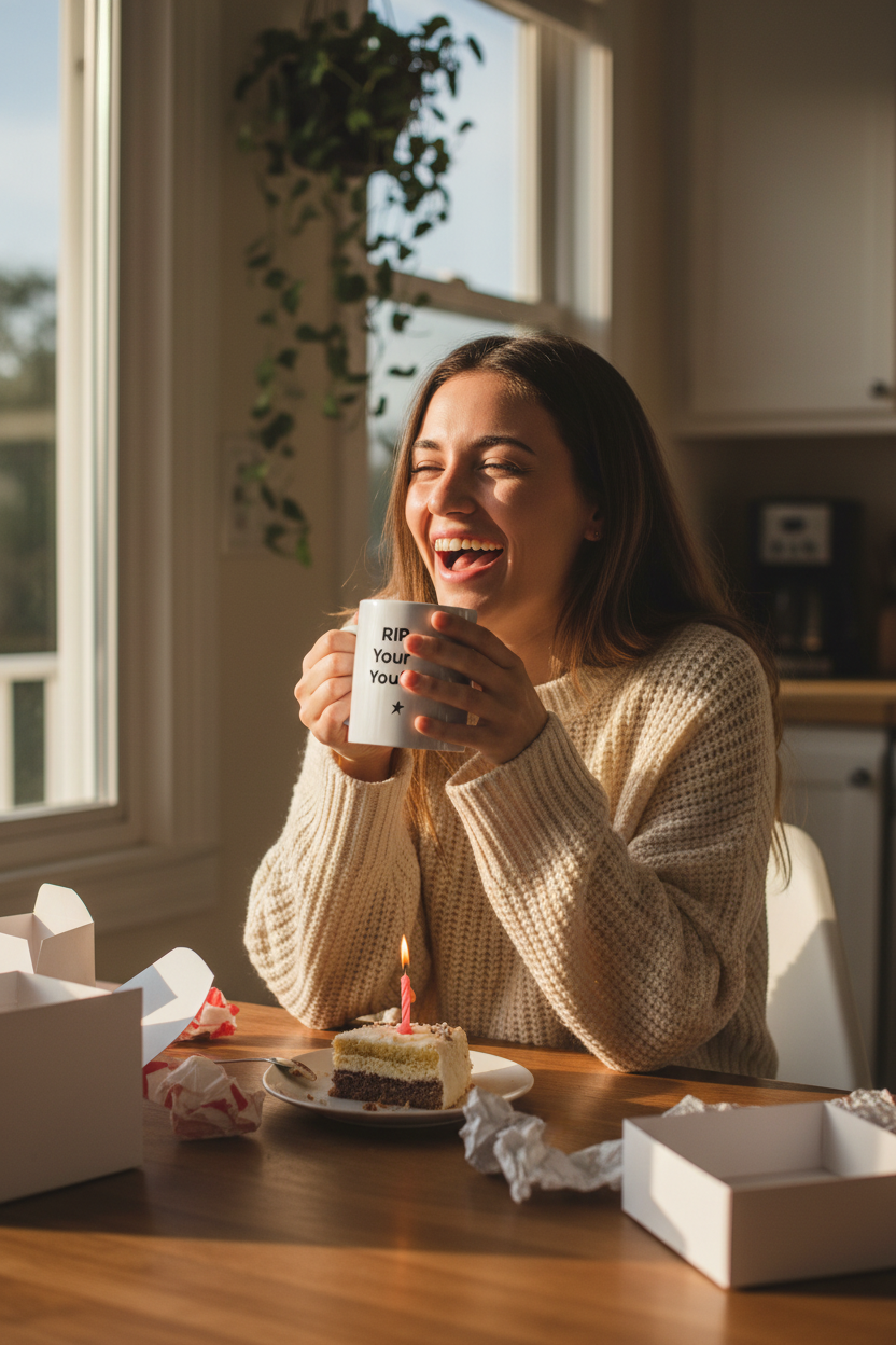 Person holding a white coffee mug with black text: Happy Birthday Though, small star below
