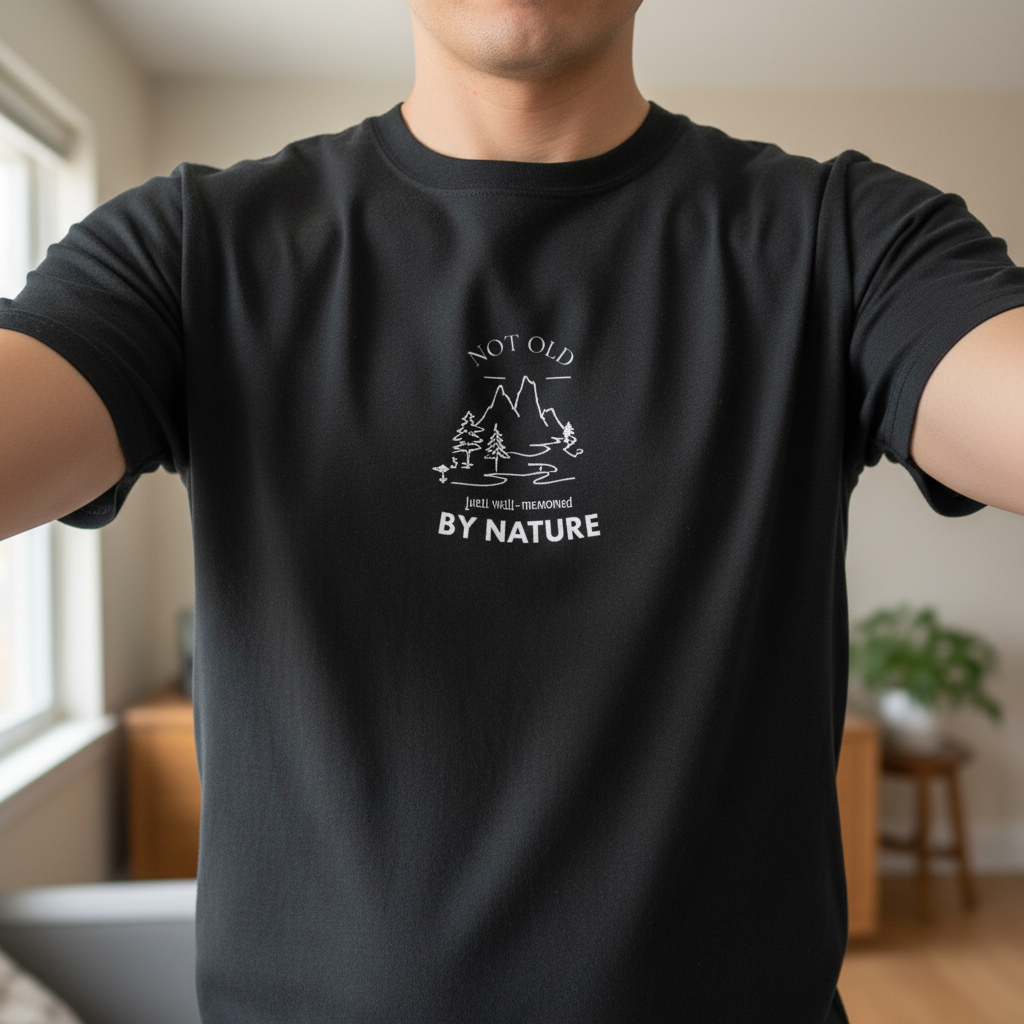 Black nature graphic T-shirt with mountain and tree line art and "BY NATURE" text