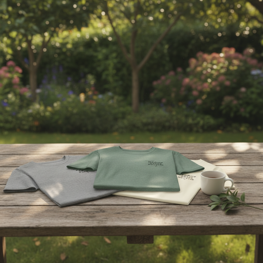 Folded green and gray T-shirts with Reduce Reuse Recycle print