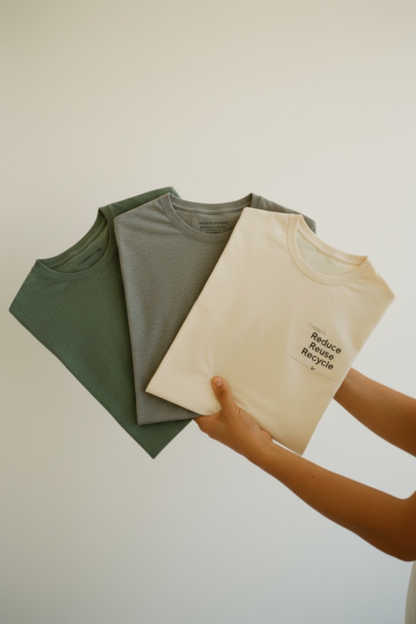 Unisex T-shirts held together in dark green and natural with Reduce Reuse Recycle print