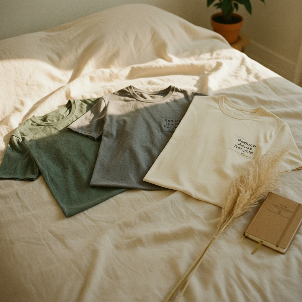 Green and cream Reduce Reuse Recycle T-shirts laid on a bed