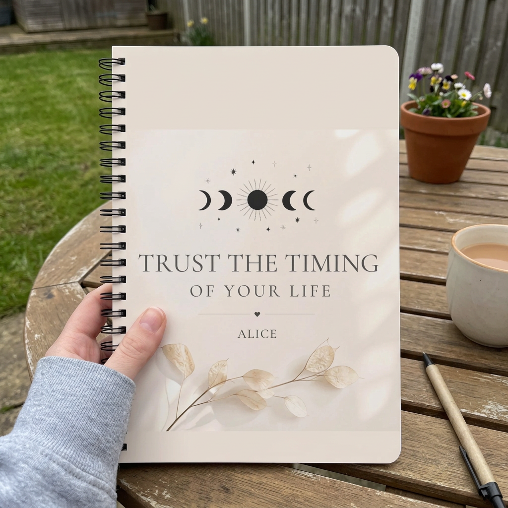A5 lined notebook with cream cover, moon design, and Trust the Timing of Your Life—ALICE