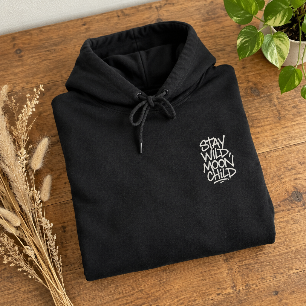 Black minimal graphic hoodie with front pouch and drawstring hood, white chest print