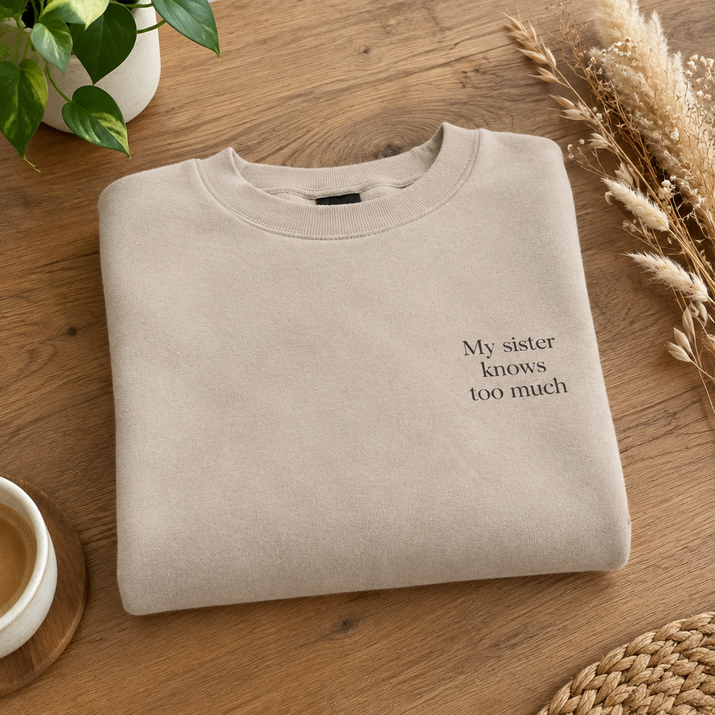 Light sand crewneck sweatshirt folded, with small front text "My sister knows too much"