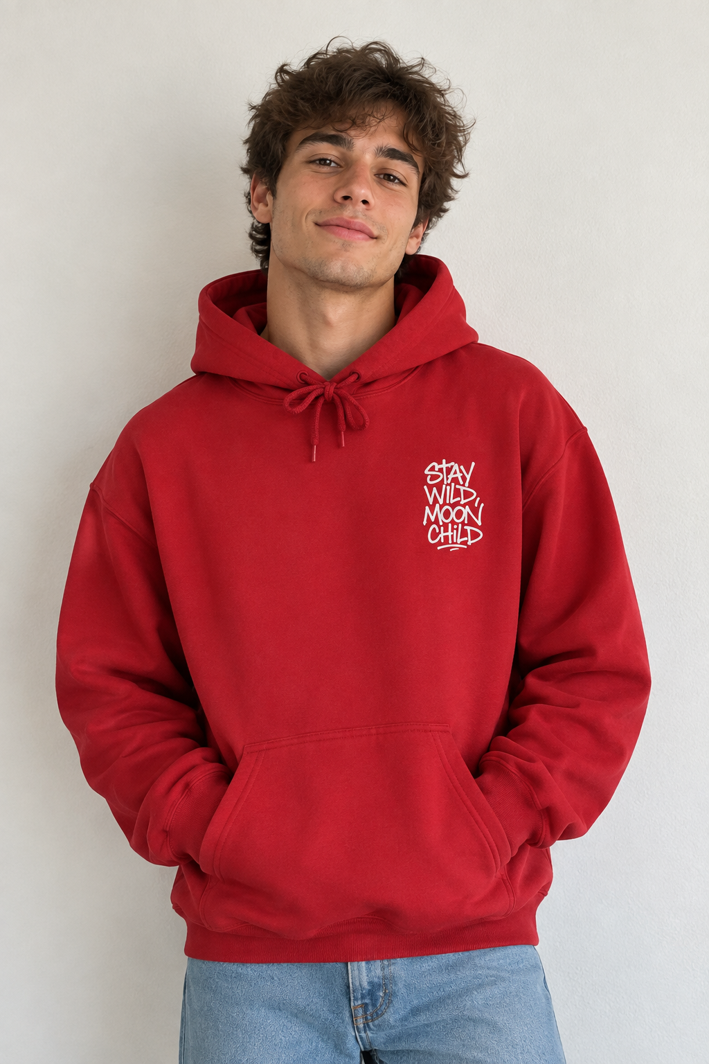 Cherry red minimal graphic hoodie with drawstring hood and front pocket, white 'Stay Wild Moon Child' print